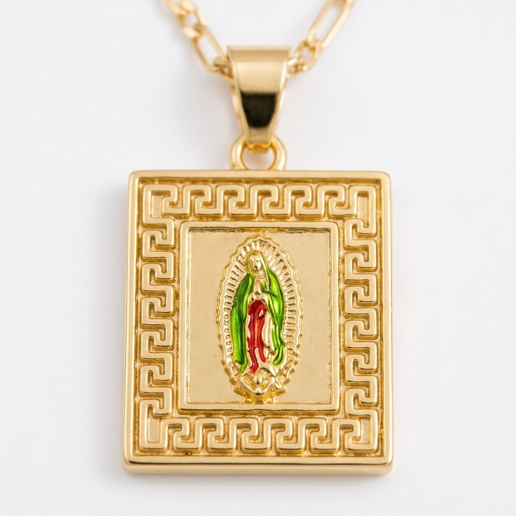 Gold Guadalupe Square Greek Key Pendant Necklace — Close-up detail