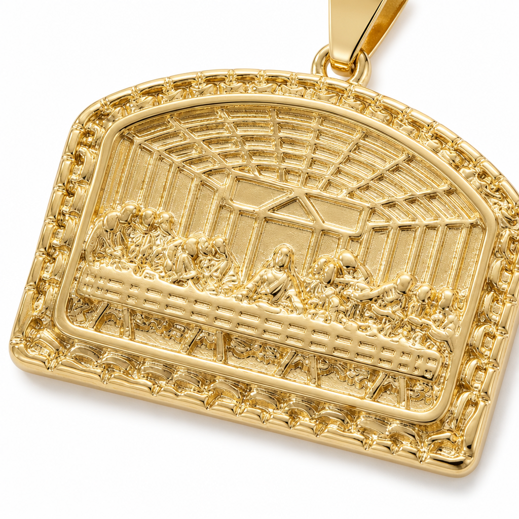 Gold Last Supper Pendant Necklace — Close-up detail