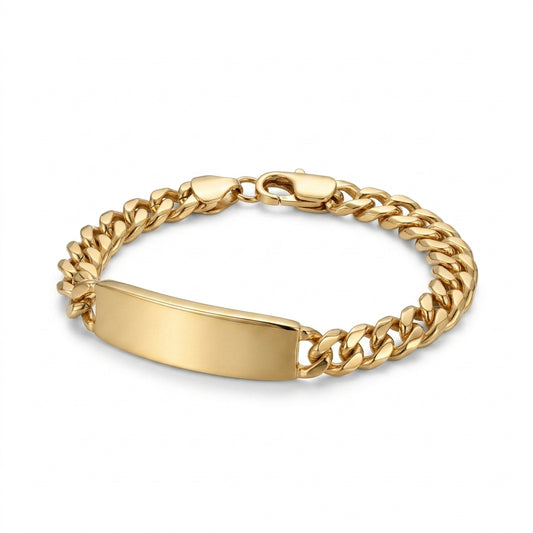 Gold Cuban Link ID Bracelet — Three-quarter angle view