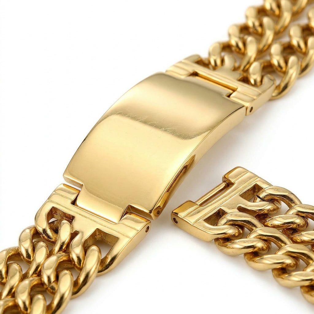 Gold Double Cuban Link ID Bracelet — Close-up detail