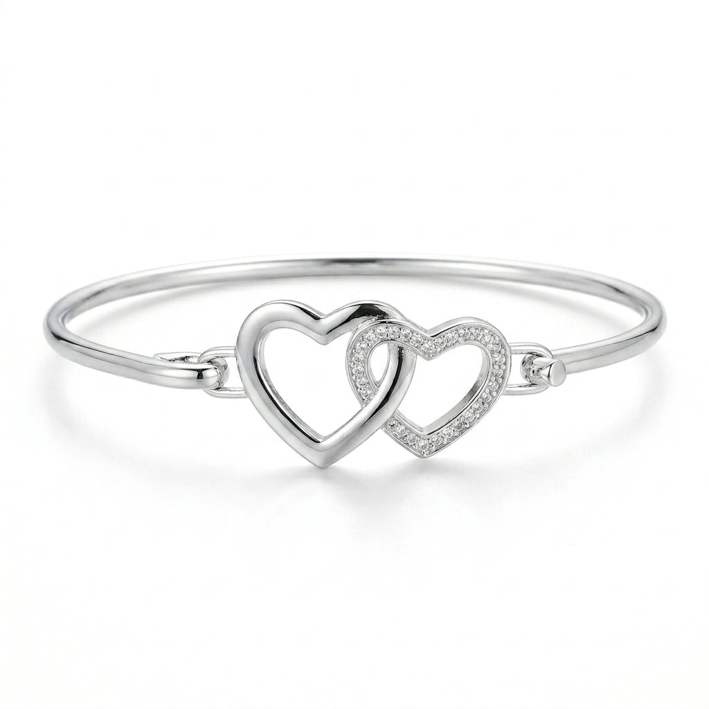 Silver Double Heart Bangle with Rhinestones — Front view