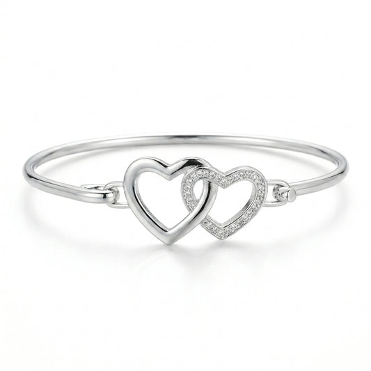 Silver Double Heart Bangle with Rhinestones — Front view
