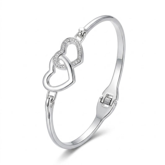 Silver Double Heart Bangle with Rhinestones — Three-quarter angle view