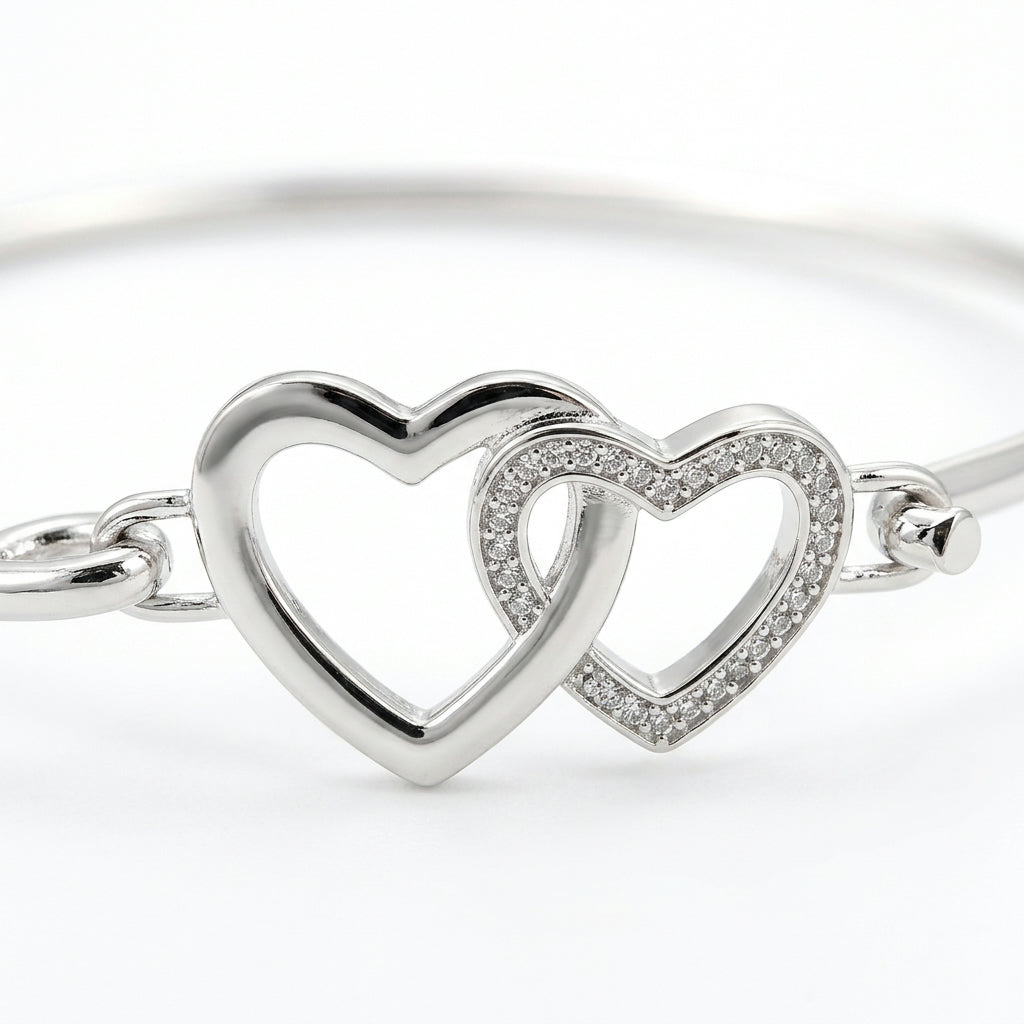 Silver Double Heart Bangle with Rhinestones — Close-up detail