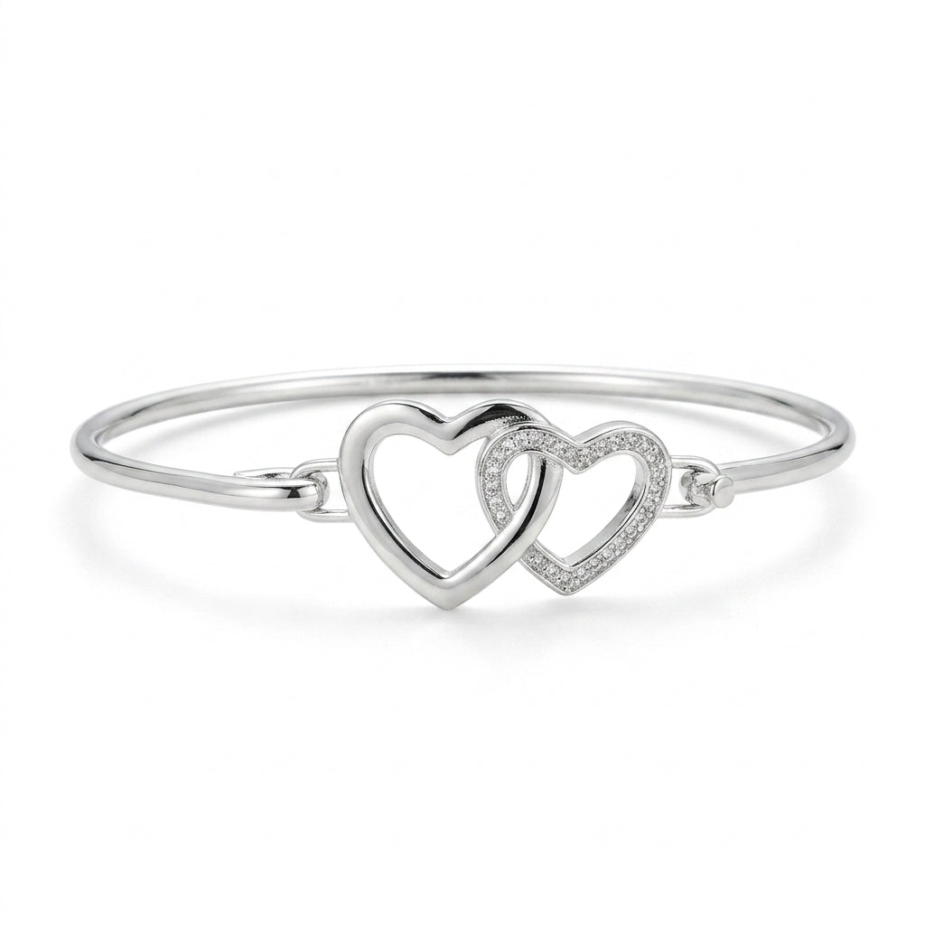 Silver Double Heart Bangle with Rhinestones — Alternate angle view