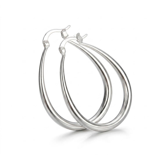 Silver Smooth Oval Hoop Earrings — Three-quarter angle view