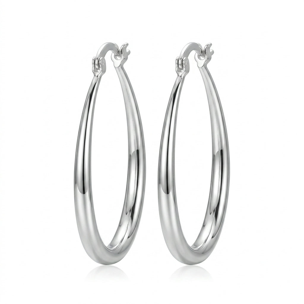 Silver Smooth Oval Hoop Earrings — Alternate angle view
