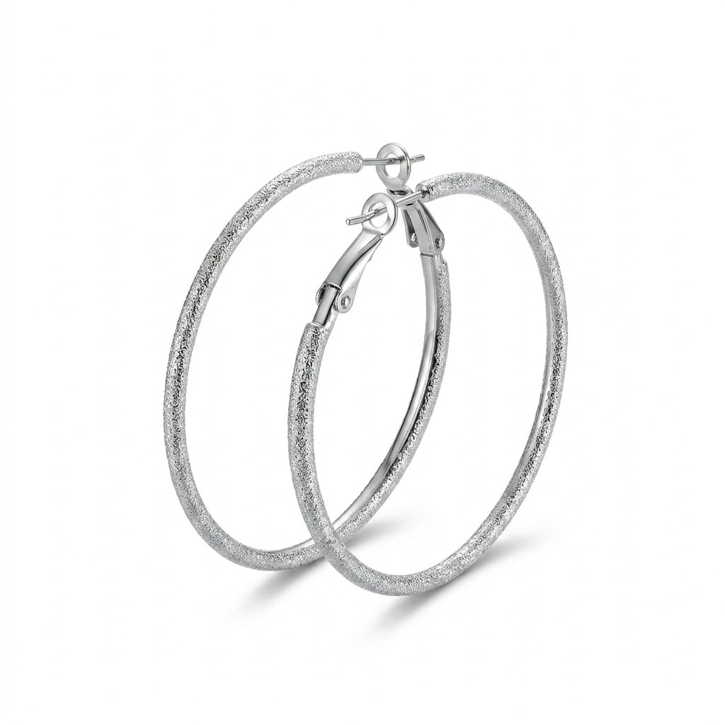 Silver Diamond-Cut Textured Hoop Earrings — Alternate angle view