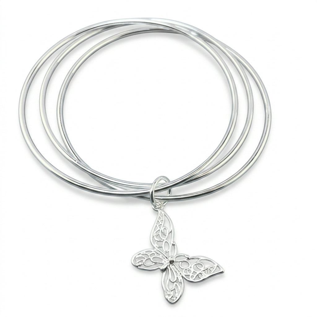Silver Triple Bangle Set with Butterfly Charm — Front view