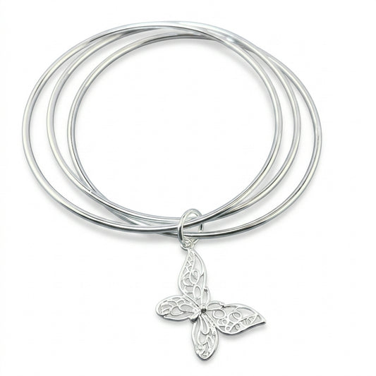 Silver Triple Bangle Set with Butterfly Charm — Front view