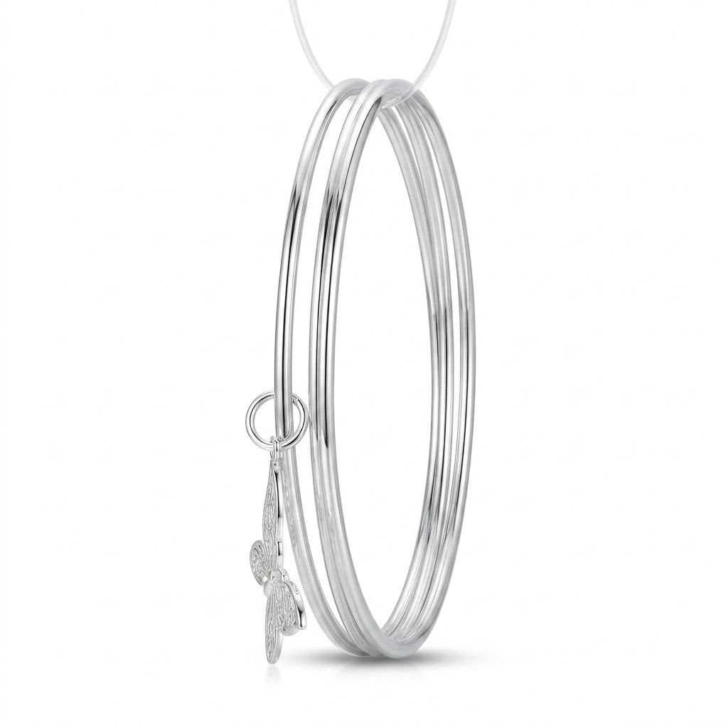Silver Triple Bangle Set with Butterfly Charm — Alternate angle view