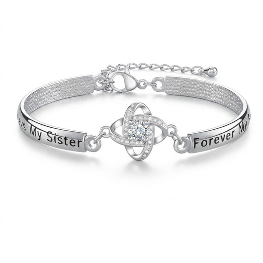 Silver Sister Love Knot Bracelet with Rhinestone — Front view