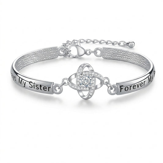 Silver Sister Love Knot Bracelet with Rhinestone — Three-quarter angle view