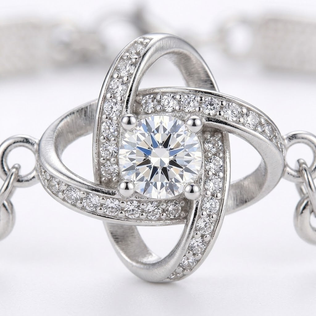 Silver Sister Love Knot Bracelet with Rhinestone — Close-up detail