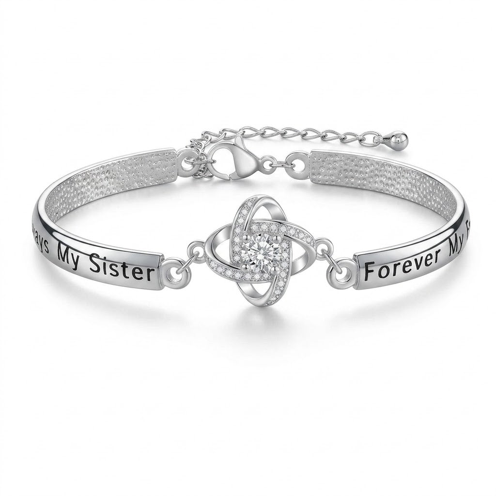 Silver Sister Love Knot Bracelet with Rhinestone — Alternate angle view