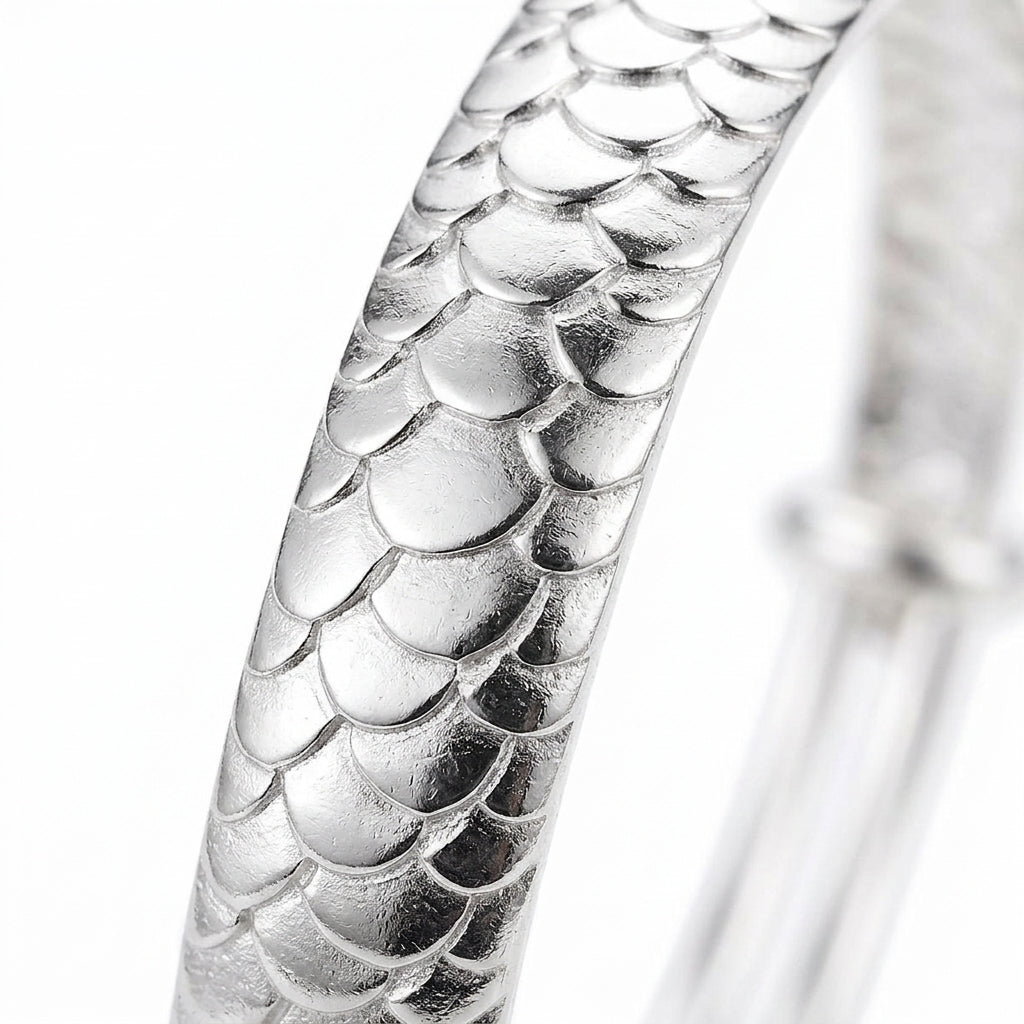 Silver Scale Pattern Adjustable Bangle — Close-up detail