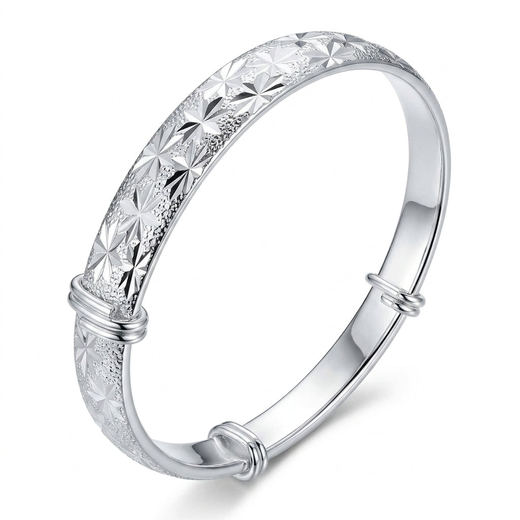 Silver Diamond-Cut Star Burst Adjustable Bangle — Alternate angle view