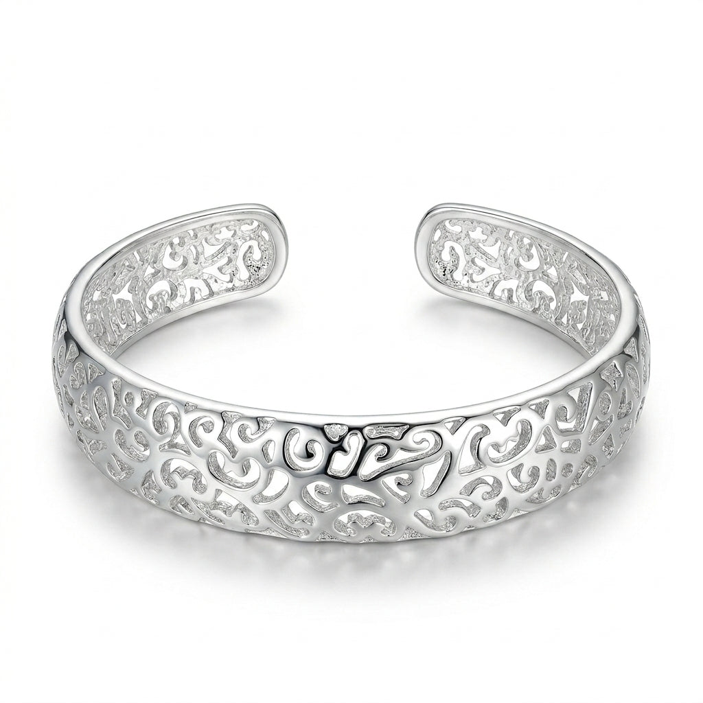Silver Filigree Scrollwork Open Cuff Bangle — Front view
