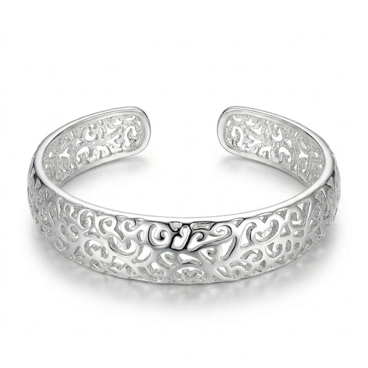 Silver Filigree Scrollwork Open Cuff Bangle — Front view