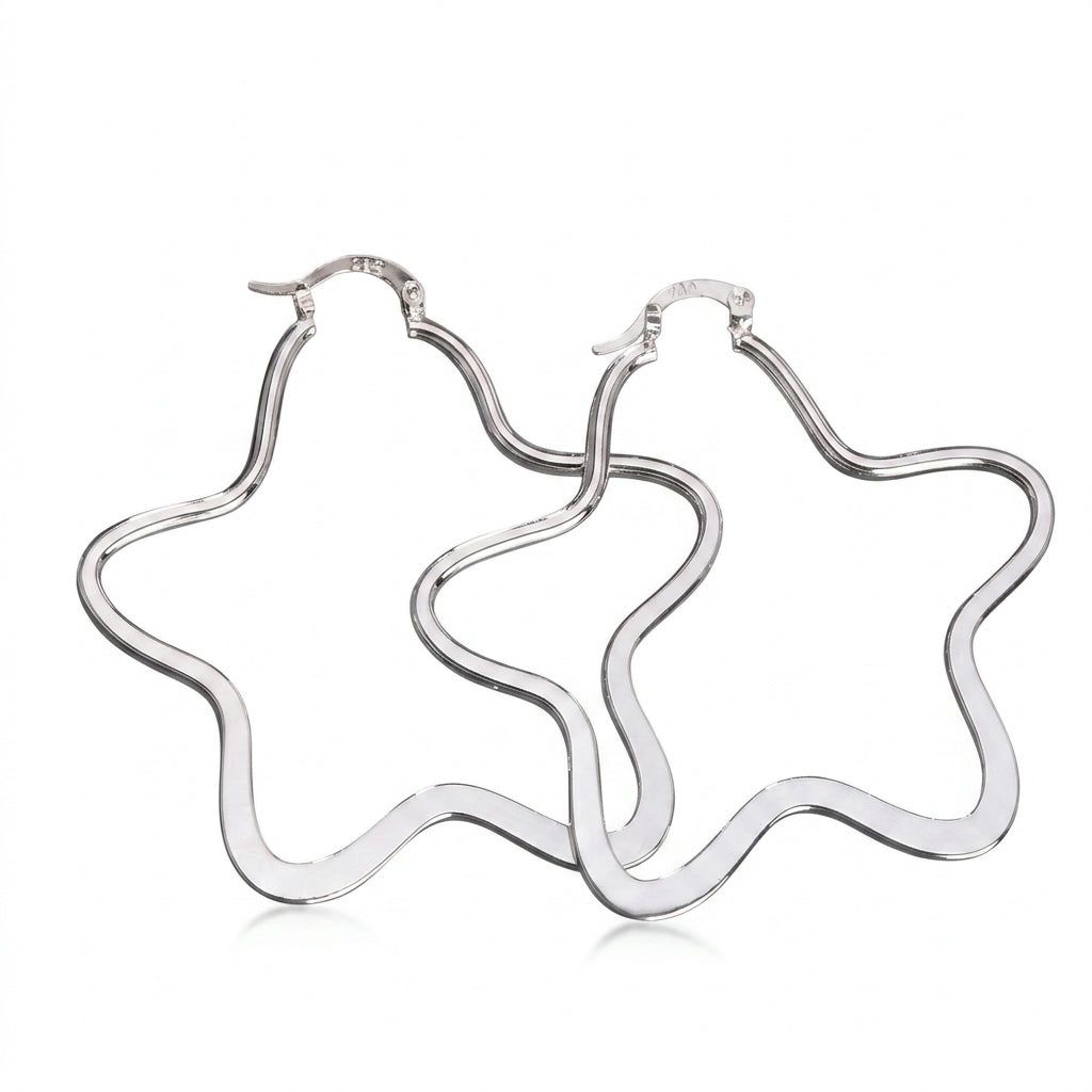 Silver Wavy Star Hoop Earrings — Front view