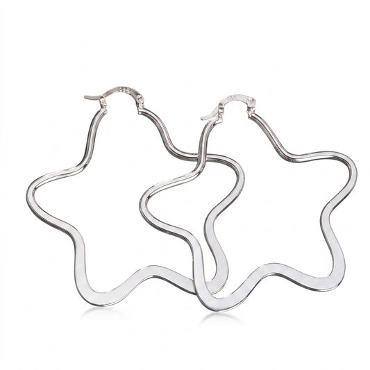 Silver Wavy Star Hoop Earrings — Front view