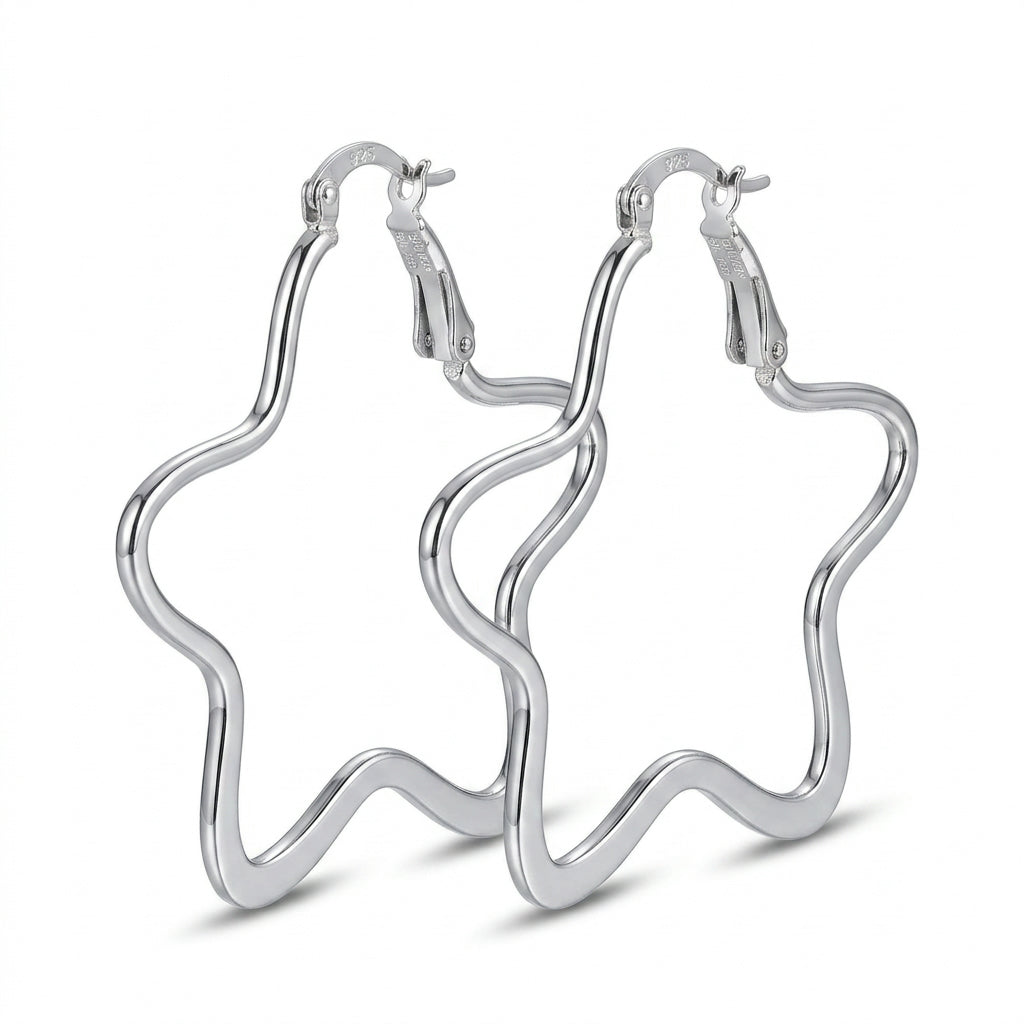 Silver Wavy Star Hoop Earrings — Alternate angle view