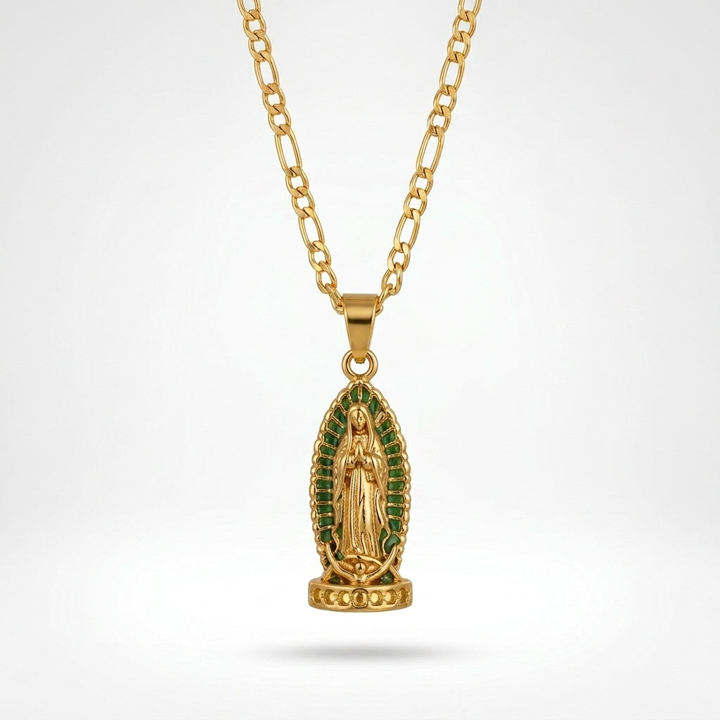 Gold Virgin of Guadalupe Pendant Necklace with Figaro Chain — Front view