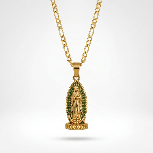 Gold Virgin of Guadalupe Pendant Necklace with Figaro Chain — Front view