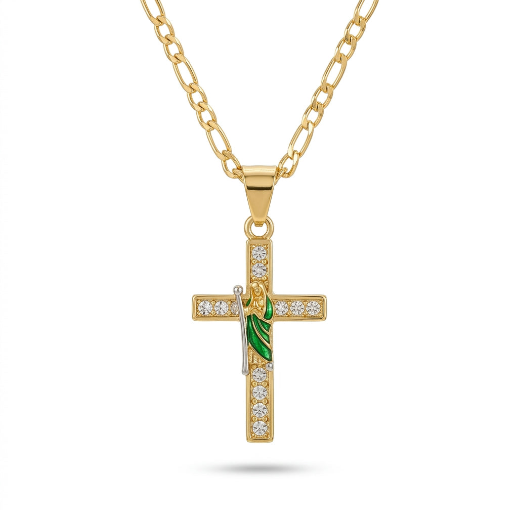 Gold Cross Pendant Necklace with Guadalupe and Rhinestones — Front view