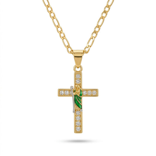 Gold Cross Pendant Necklace with Guadalupe and Rhinestones — Front view