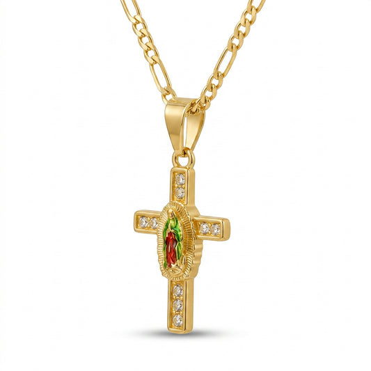 Gold Guadalupe Cross Pendant Necklace with Green Enamel — Three-quarter angle view