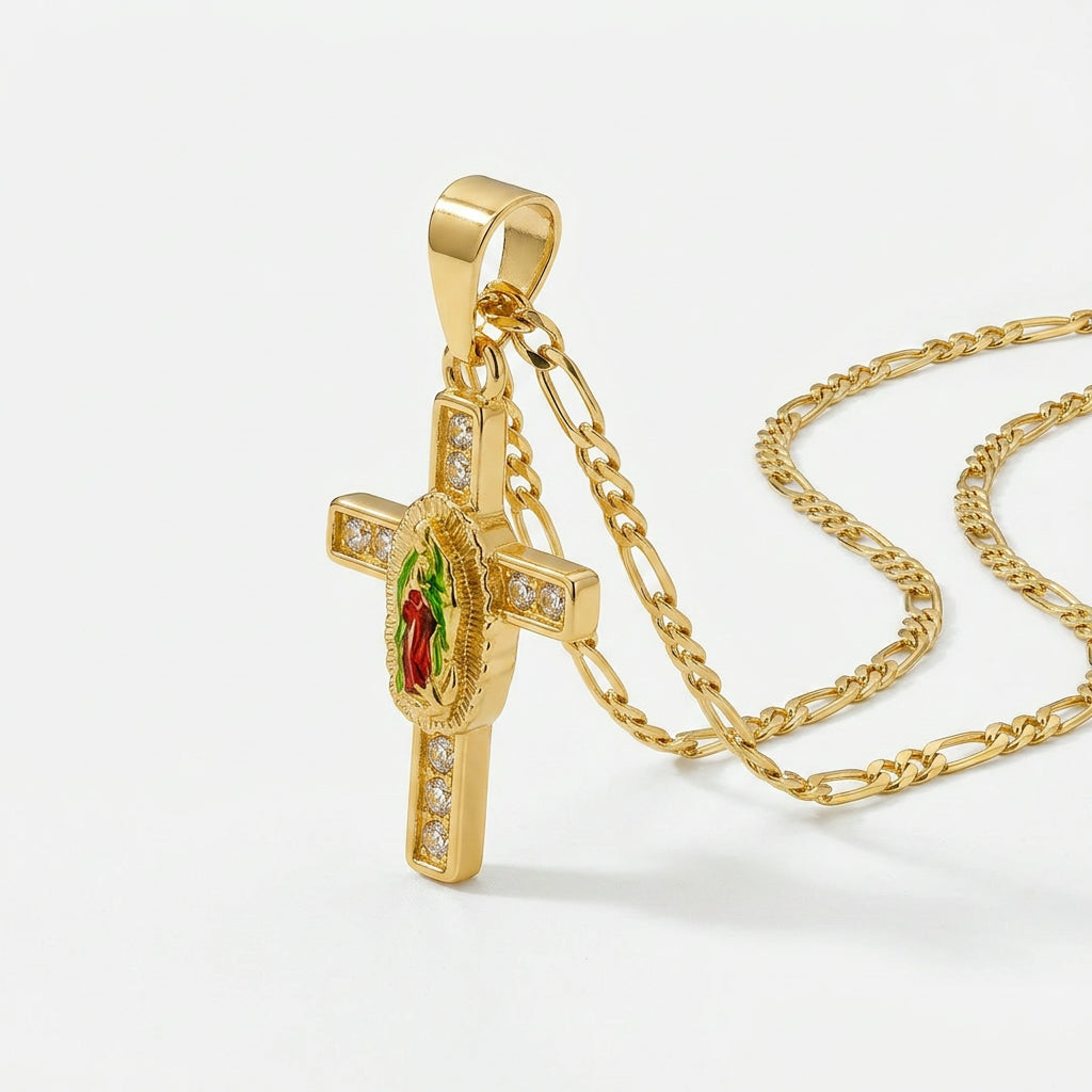 Gold Guadalupe Cross Pendant Necklace with Green Enamel — Alternate angle view
