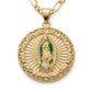 Gold Guadalupe Round Pendant Necklace with Rhinestone Sunburst — Close-up detail