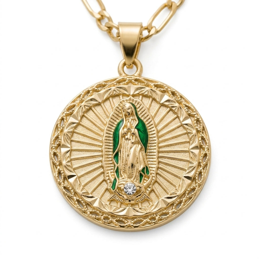 Gold Guadalupe Round Pendant Necklace with Rhinestone Sunburst — Close-up detail