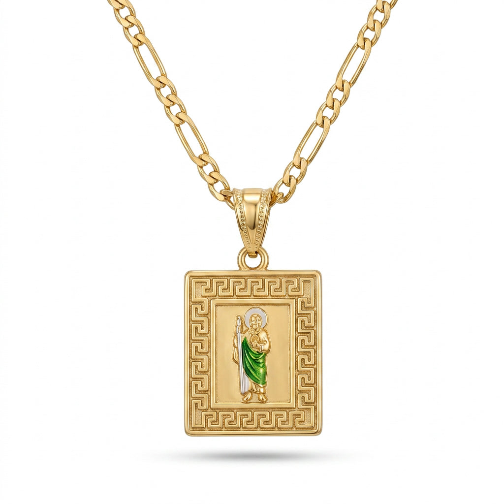 Gold San Judas Square Greek Key Pendant Necklace — Front view