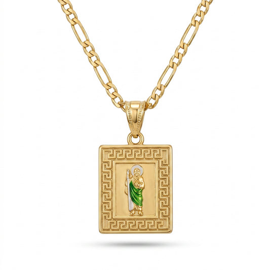 Gold San Judas Square Greek Key Pendant Necklace — Front view