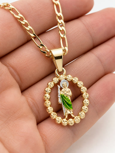 Gold San Judas Beaded Frame Pendant Necklace — Front view