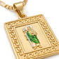 Gold San Judas Square Greek Key Pendant Necklace — Close-up detail