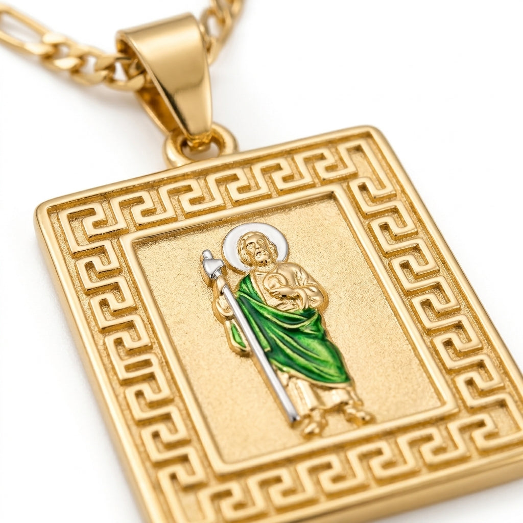 Gold San Judas Square Greek Key Pendant Necklace — Close-up detail