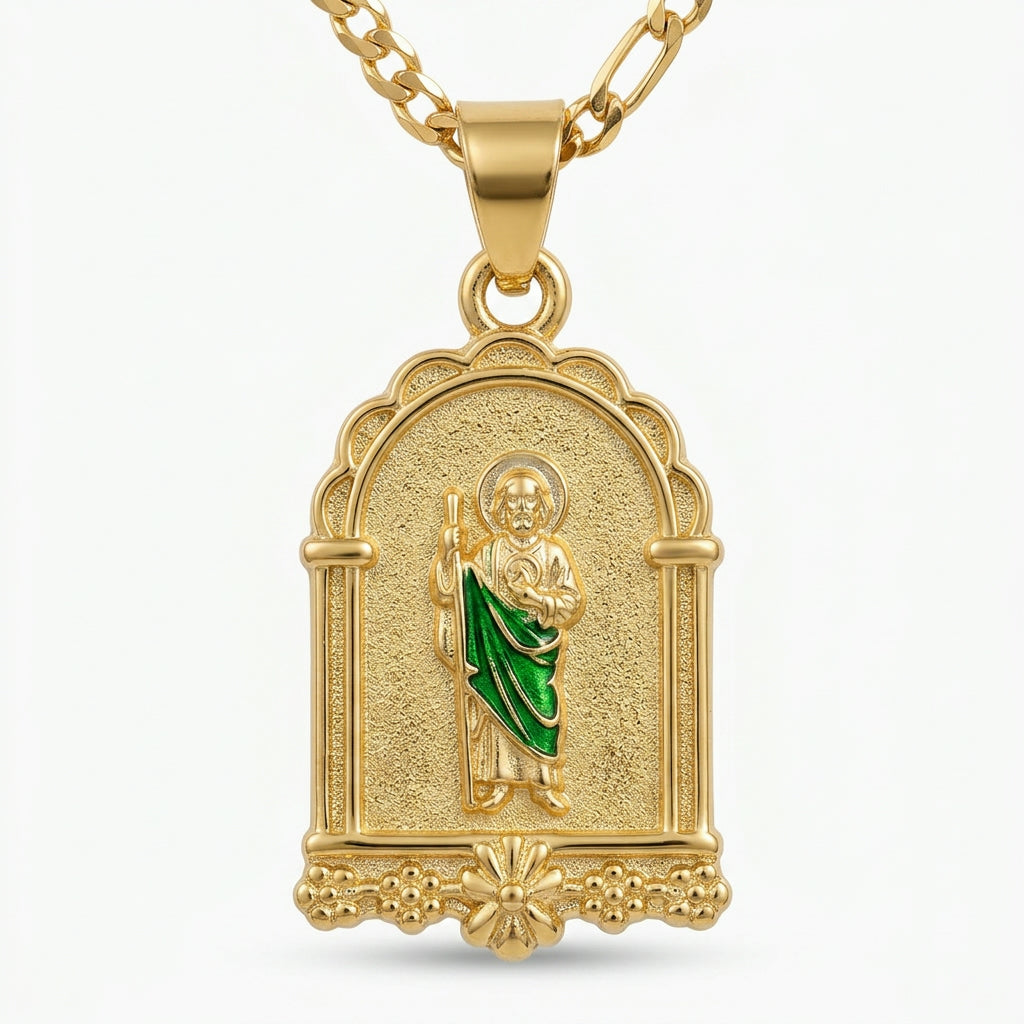 Gold San Judas Arch Pendant Necklace — Close-up detail