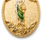 Gold San Judas Oval Pendant Necklace with Floral Border — Close-up detail