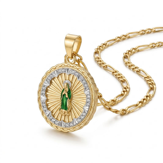 Gold Guadalupe Round Pendant Necklace with Rhinestone Sunburst — Three-quarter angle view