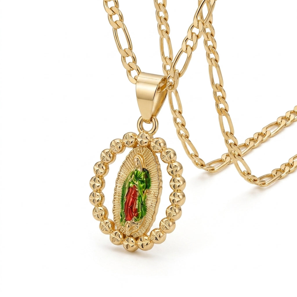 Gold Guadalupe Beaded Oval Pendant Necklace — Three-quarter angle view