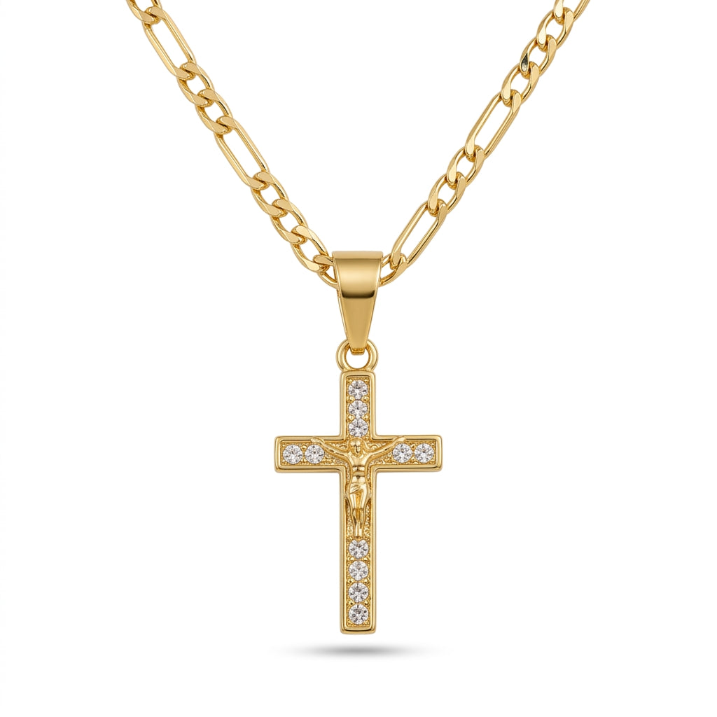 Gold Rhinestone Cross Pendant Necklace — Front view