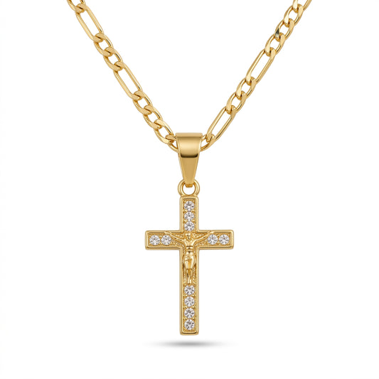 Gold Rhinestone Cross Pendant Necklace — Front view
