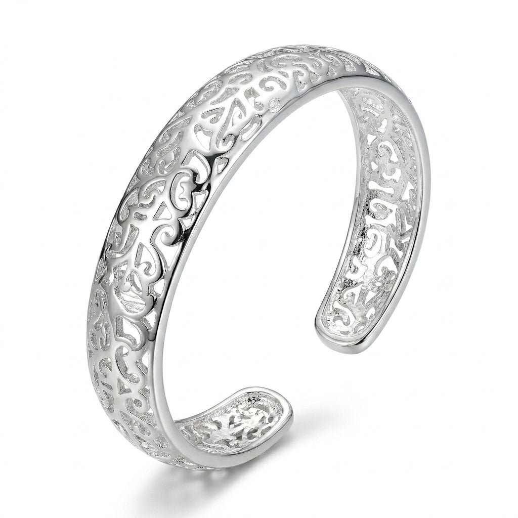 Silver Filigree Scrollwork Open Cuff Bangle — Alternate angle view