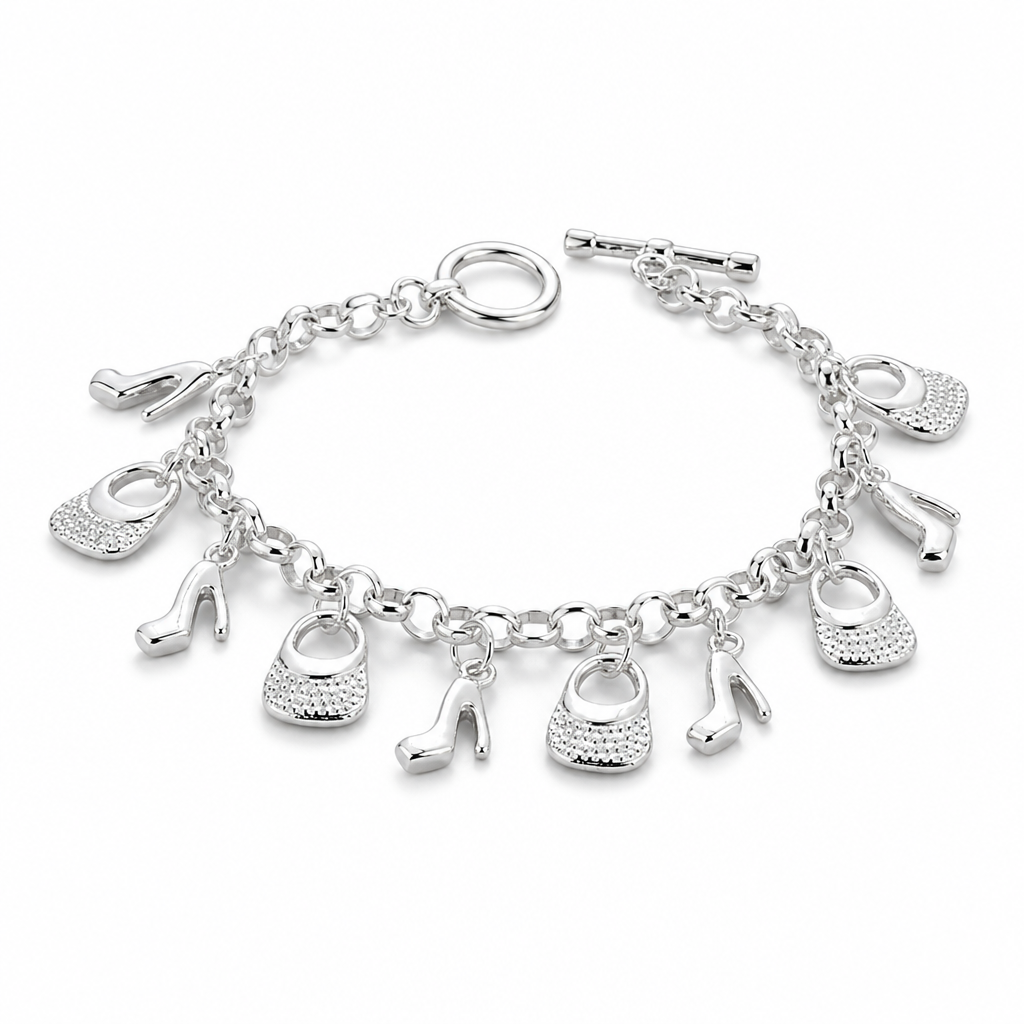 Silver Handbag and Heel Charm Toggle Bracelet — Alternate angle view