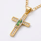 Gold Cross Pendant Necklace with Guadalupe and Rhinestones — Close-up detail