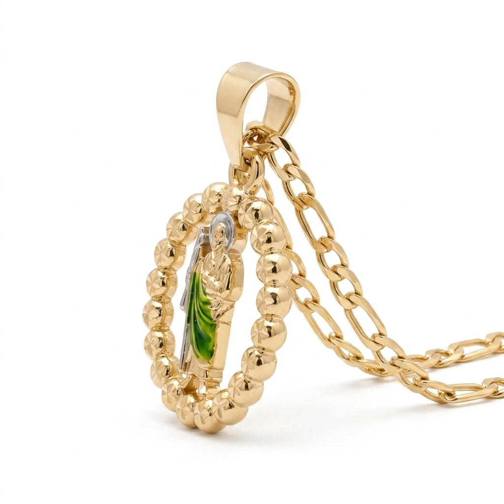 Gold San Judas Beaded Frame Pendant Necklace — Alternate angle view
