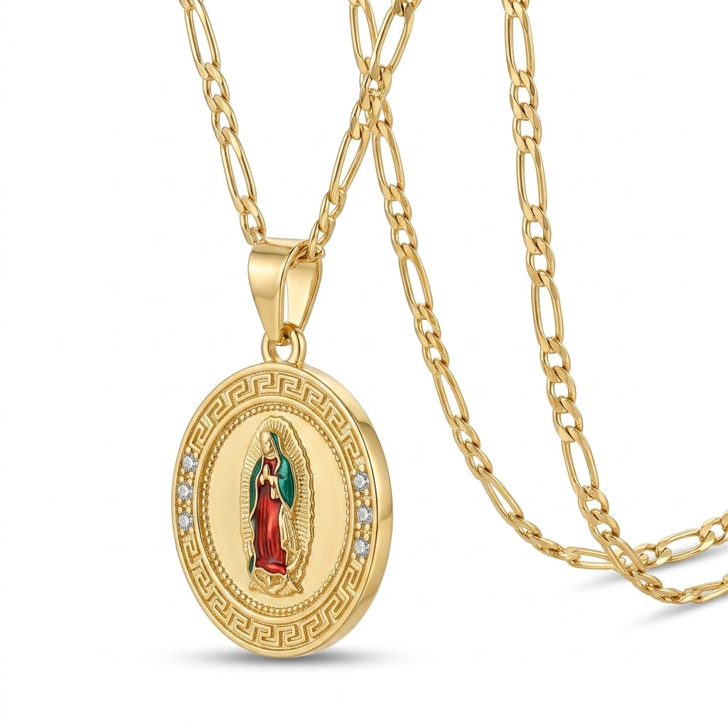 Gold Guadalupe Round Medallion Pendant Necklace — Three-quarter angle view